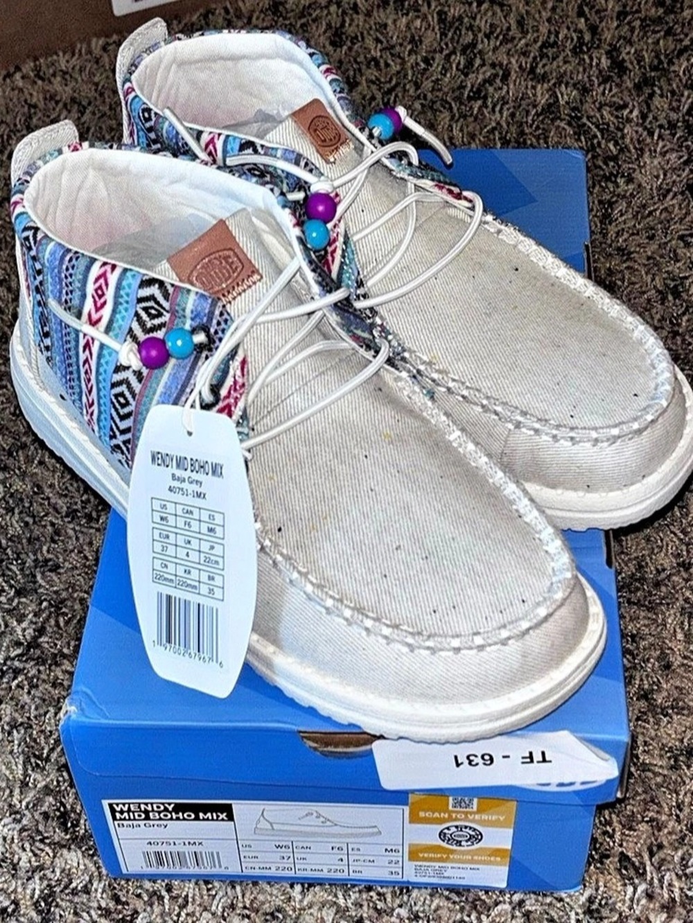 Hey Dude Wendy Mid Boho Mix Baja Grey Canvas Loafers Slip On Women’s Size 6